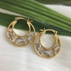 Dolphins Hoop Earrings. 18K Gold Filled. Two Tones